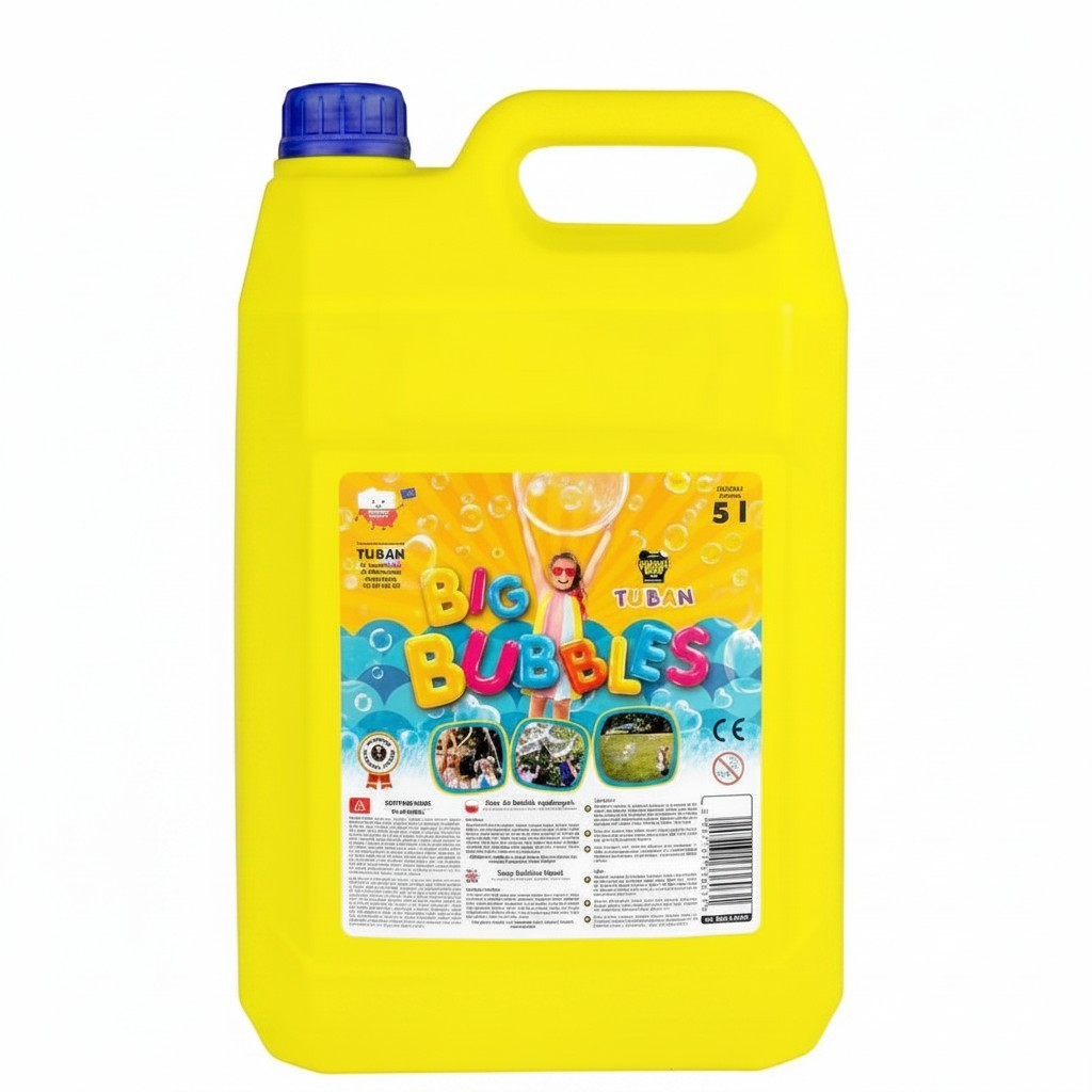 Natuurlijkleuk Big Bubbles soap liquid in a large yellow 5L container, perfect for creating giant bubbles.