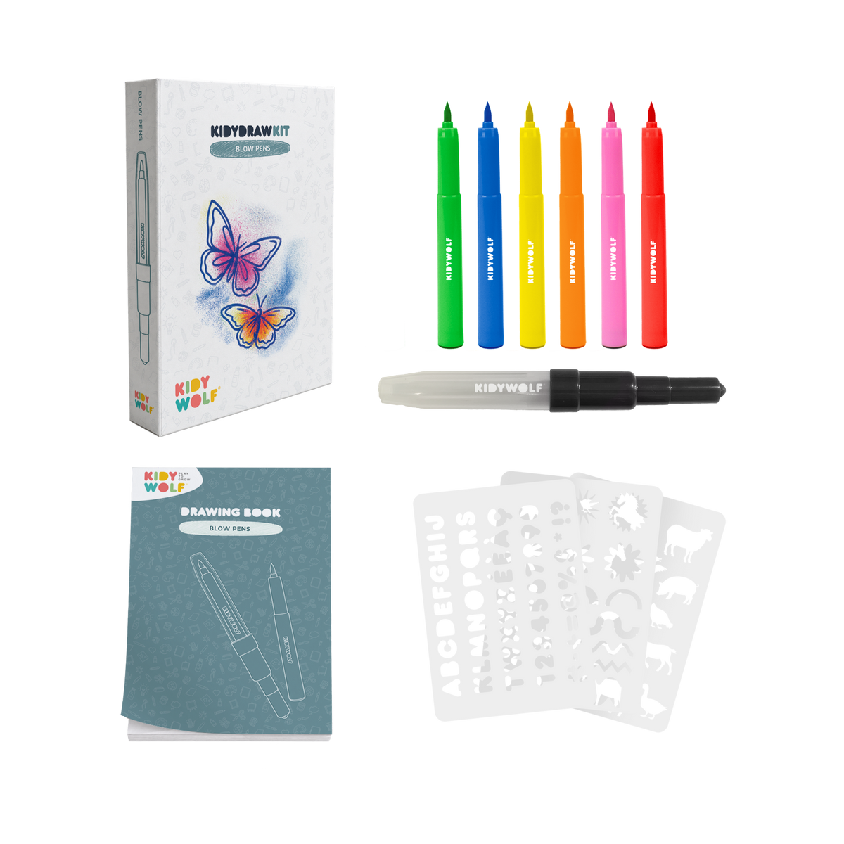 Kidywolf Kidydraw-Pad Kit | Blaasstiften en sjablonen