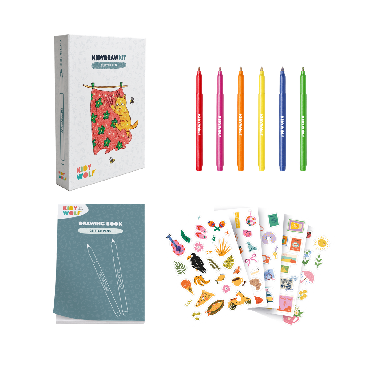 Kidywolf Kidydraw-Pad Kit | Glitterstiften en stickers