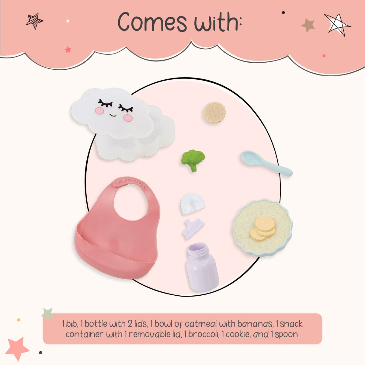 LullaBaby eetset voor poppen met flesje, slabbetje en speelvoeding