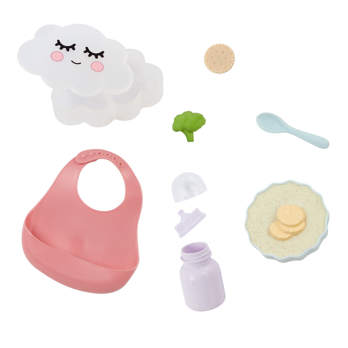 LullaBaby eetset voor poppen met flesje, slabbetje en speelvoeding