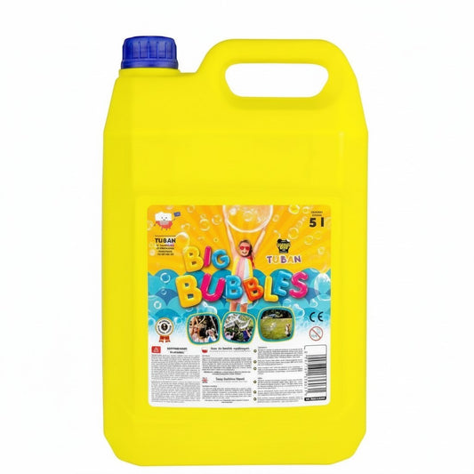Natuurlijkleuk Big Bubbles soap liquid in a large yellow 5L container, perfect for creating giant bubbles.