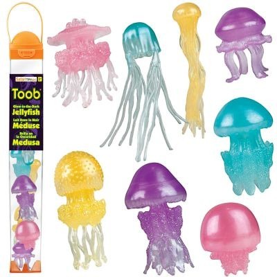 Natuurlijkleuk Glow in the Dark Jellyfish Toob set featuring 8 translucent, colorful jellyfish toys in pink, teal, yellow, and purple.