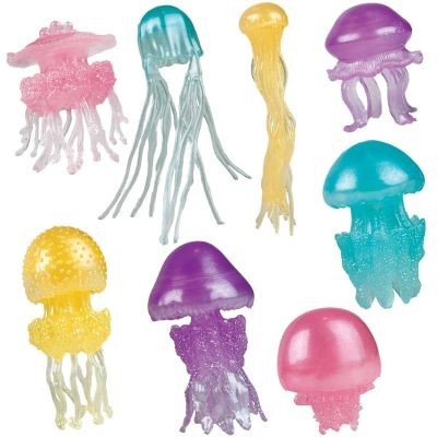 Natuurlijkleuk Toob glow-in-the-dark jellyfish toys in pink, blue, yellow, and purple.