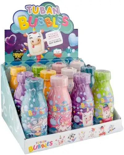Natuurlijkleuk Tuban Bubbles soap bubbles liquid in colourful bottles with cartoon characters. Set includes giant bubble wand.
