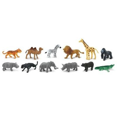 Natuurlijkleuk Safari LTD Toob set of 9 realistic miniature wild animals including elephant, lion, giraffe, zebra, rhino, and gorilla.